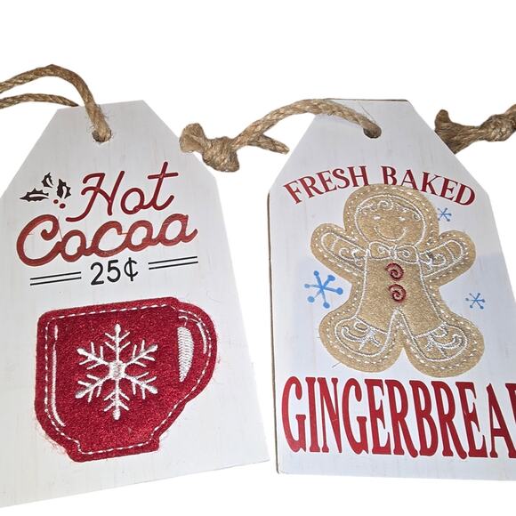 Christmas Gingerbread Tin & Ornament Cocoa Sign Set Rustic Holiday Kitchen Decor - Picture 2 of 4